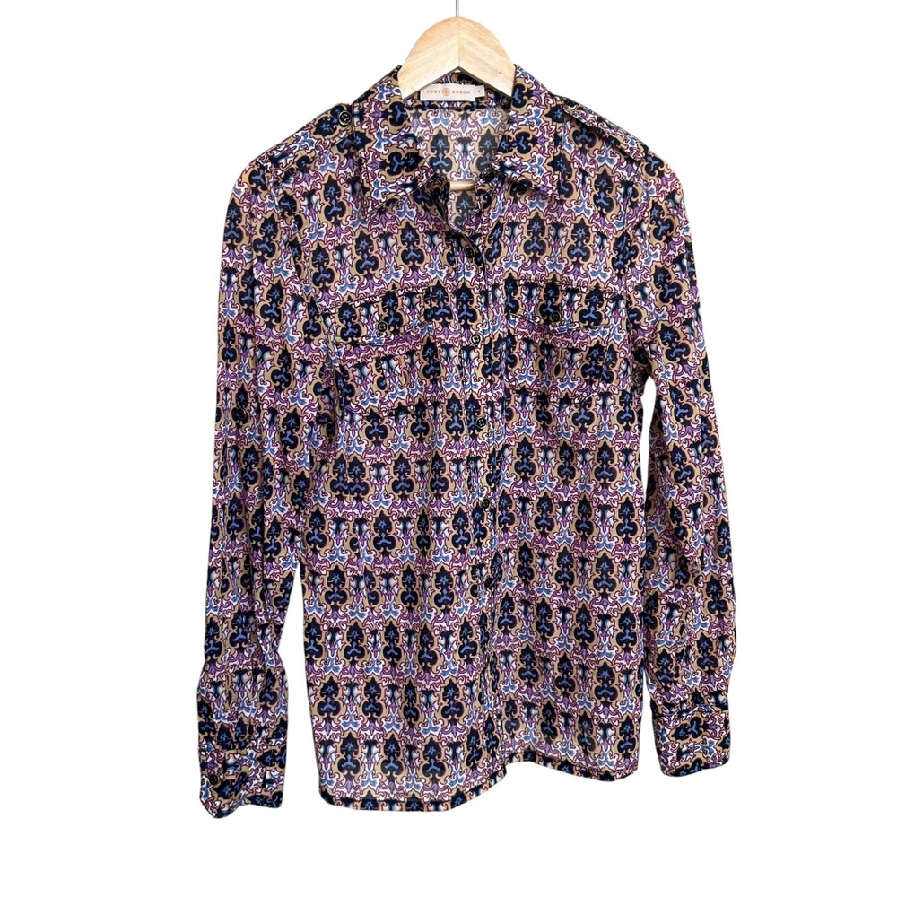 Tory Burch Cotton Purple Blue Geometric Long Sleeve Button Shirt 8 Office Work